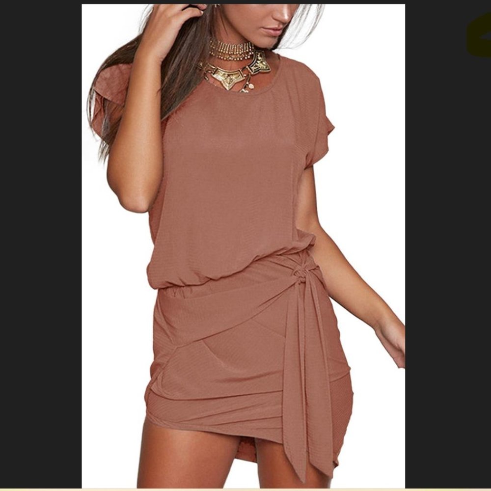 YOINS Rust Tie-Waist Mini Dress | Batwing Sleeve Boho Chic SZ M